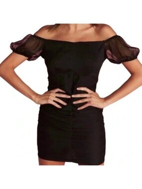 Lioness Mini Dress Black Ruched Gathered Off Shoulder Medium Whimsigoth festival